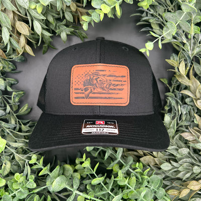 Engraved leatherette patch hat with an American flag and Bass.