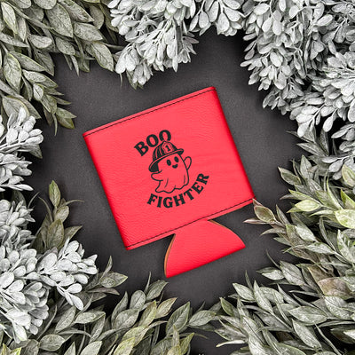 Red koozie of ghost with firefighter helmet on