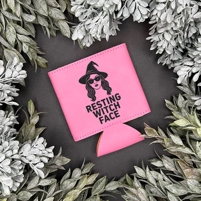 Engraved Resting Witch Face Pink Can Koozie