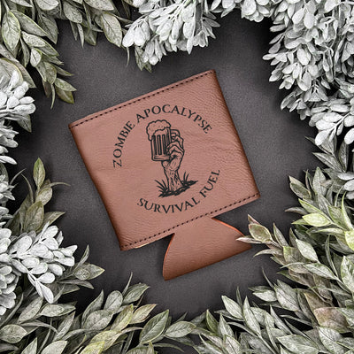 Brown can koozie engraved with Zombie Apocalypse Survival Fuel and zombie hand with beer mug 